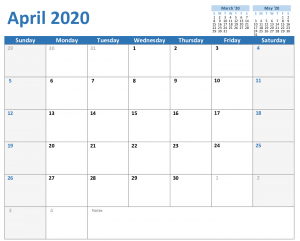 2020 April Calendar Excel