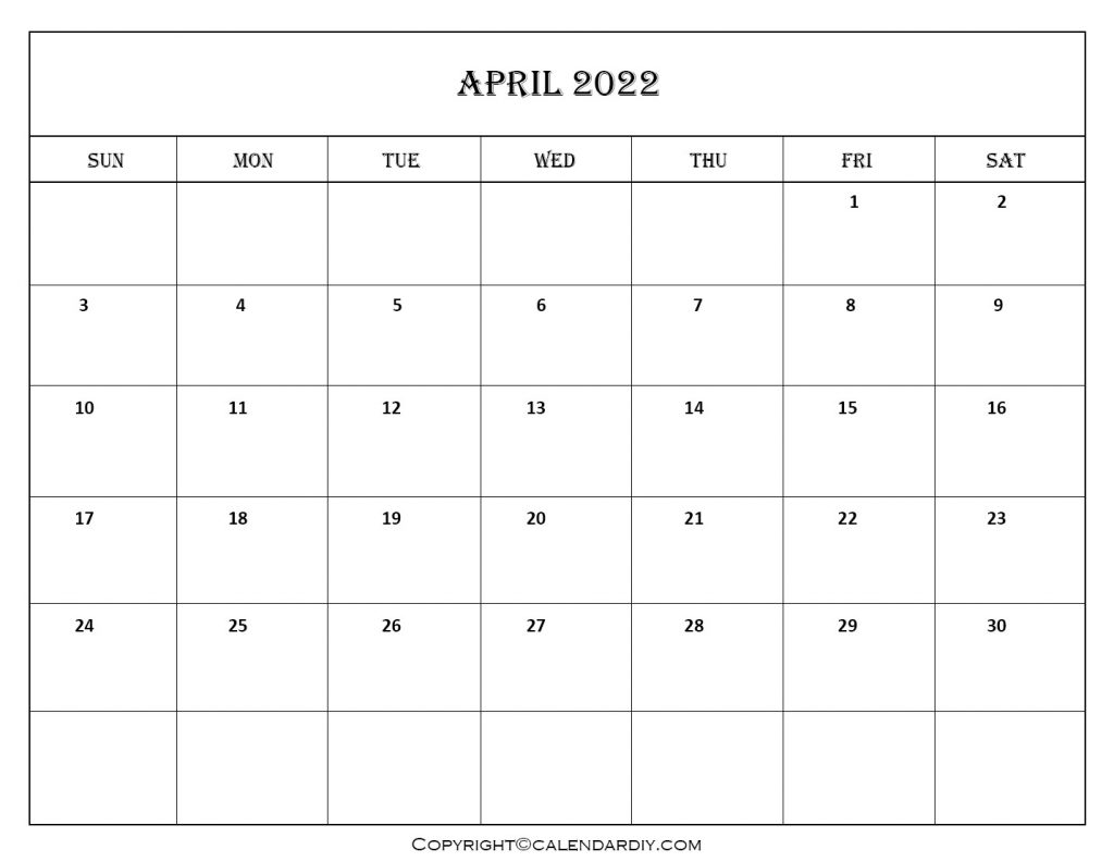 April Calendar 2022 with Holidays