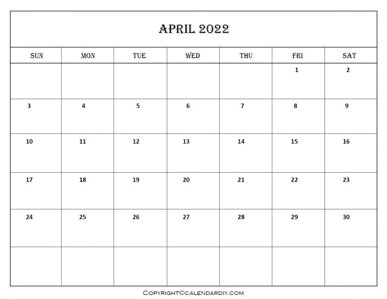 Free Blank April 2022 Calendar Printable in PDF, Excel