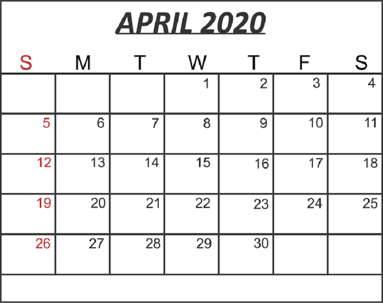 Free Blank April 2020 Calendar Printable in PDF, Word, Excel
