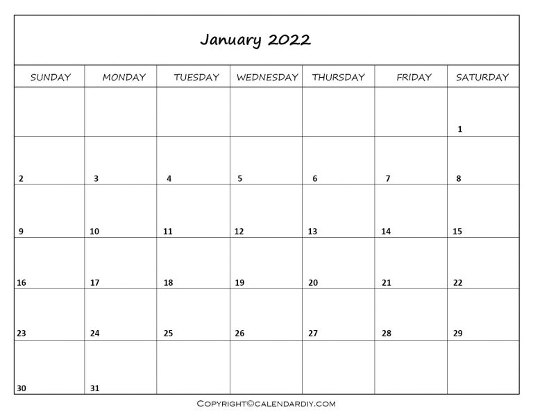 Free Blank January 2022 Calendar Printable in PDF, Excel