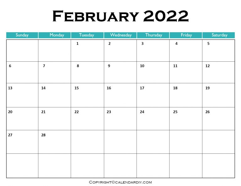 Blank February 2022 Calendar Printable Template PDF Excel