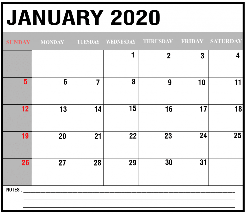 Free Blank January 2020 Calendar Printable in PDF, Word, Excel