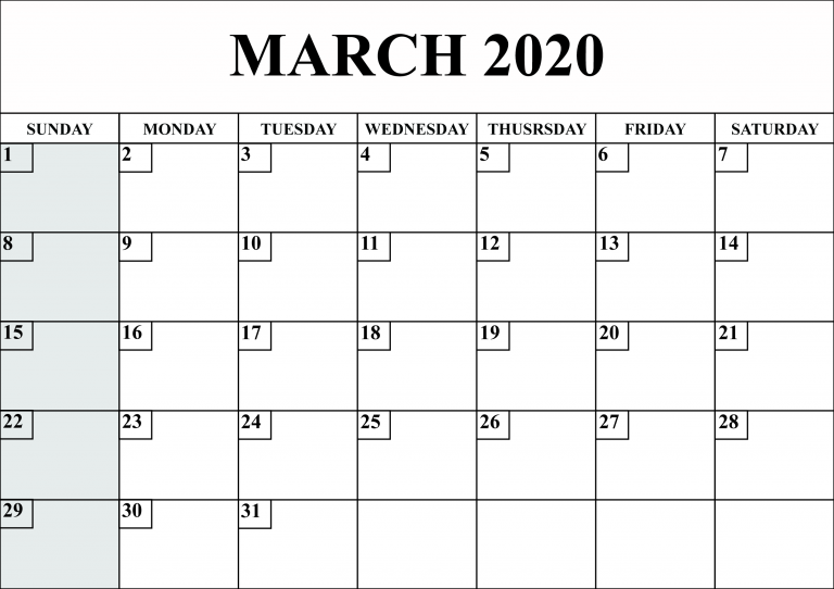 Free Blank March 2020 Calendar Printable in PDF, Word, Excel