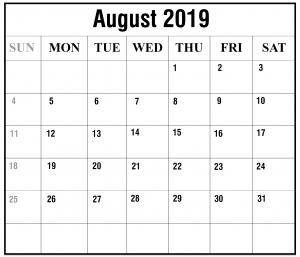 Free August 2019 Calendar Printable
