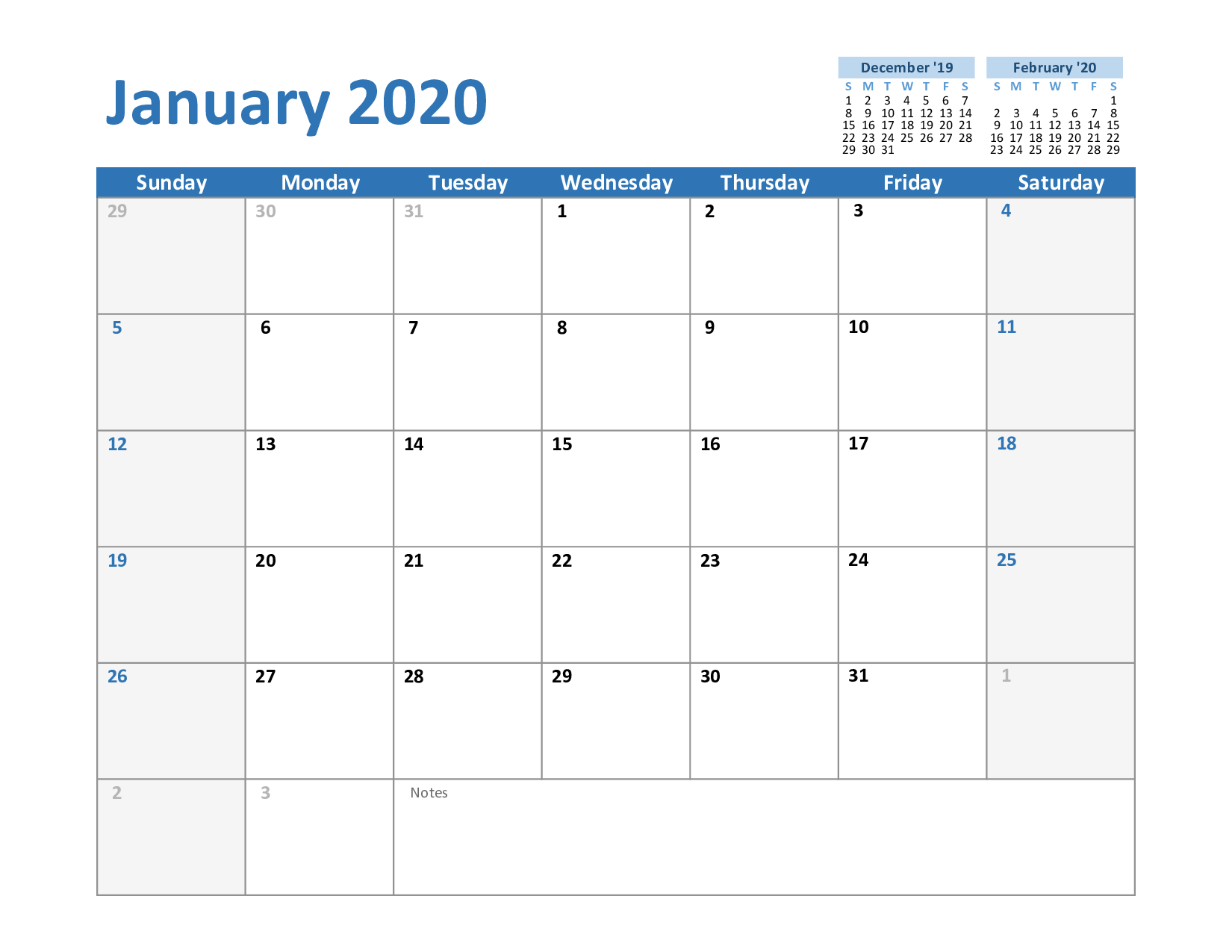Free Blank January 2020 Calendar Printable in PDF, Word, Excel