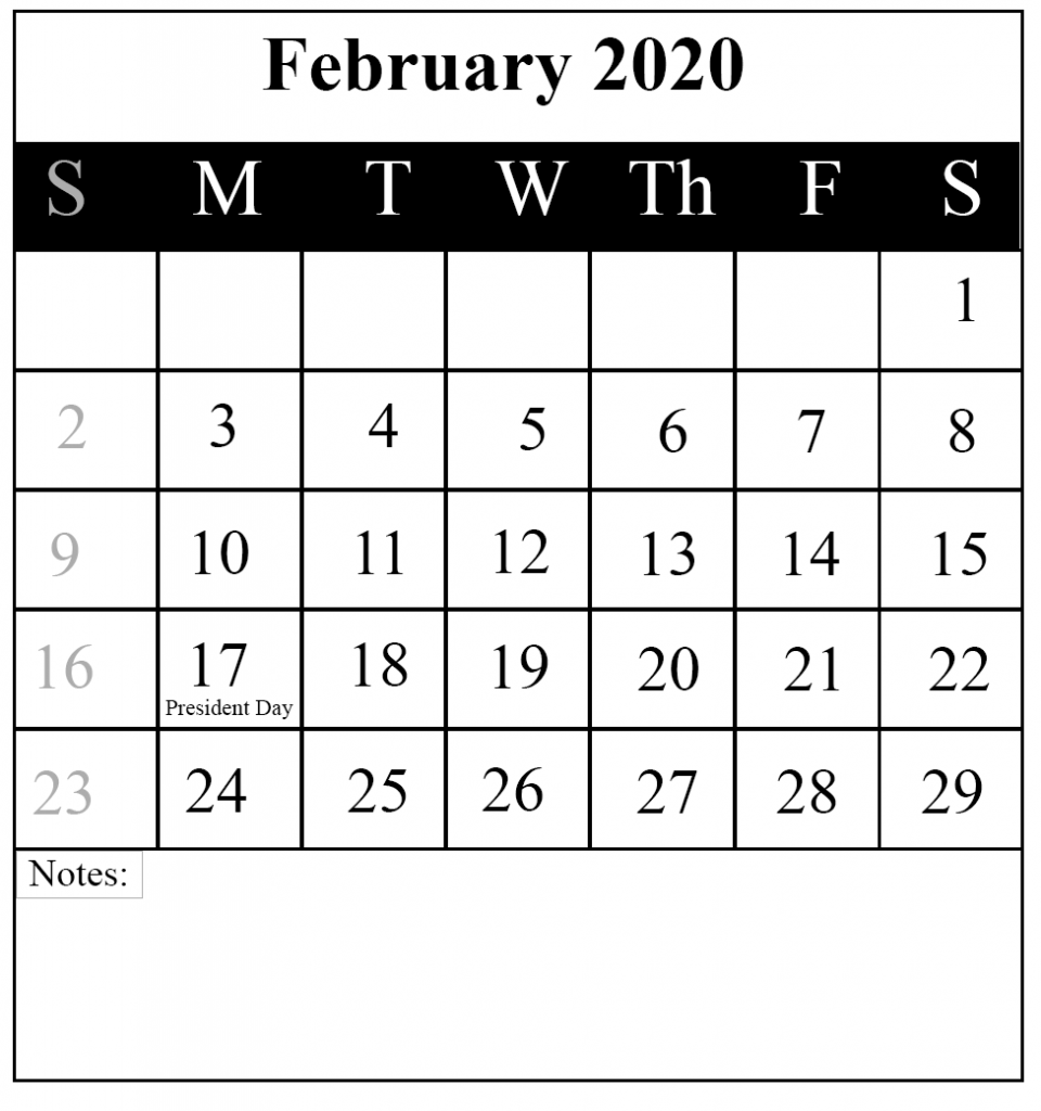 Blank February 2020 Calendar Printable Template PDF Word Excel