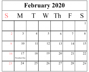 Blank February 2020 Calendar Printable