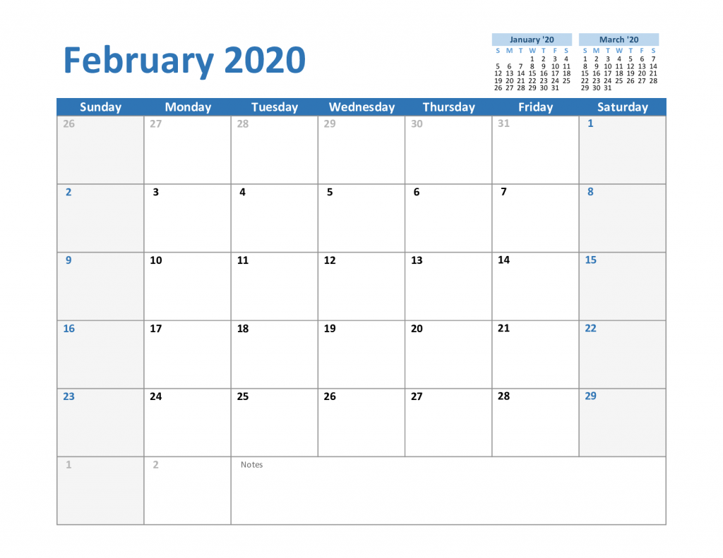 Blank February 2020 Calendar Printable Template – PDF Word