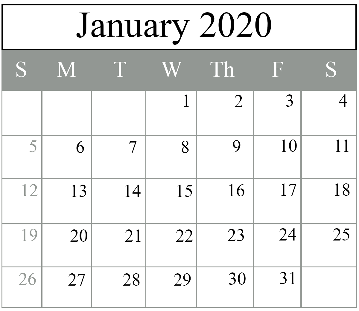Free Blank January 2020 Calendar Printable In PDF Word