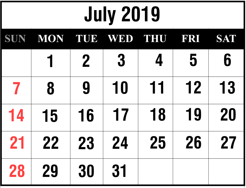 Blank July 2019 Calendar Printable In PDF Word Excel Printable Calendar DIY