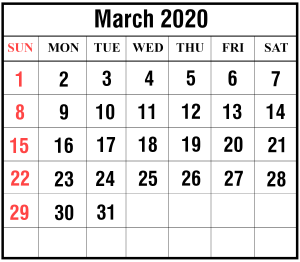 Blank March 2020 Calendar Printable