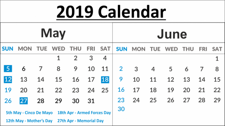 Free May & June 2019 Printable Calendar Templates