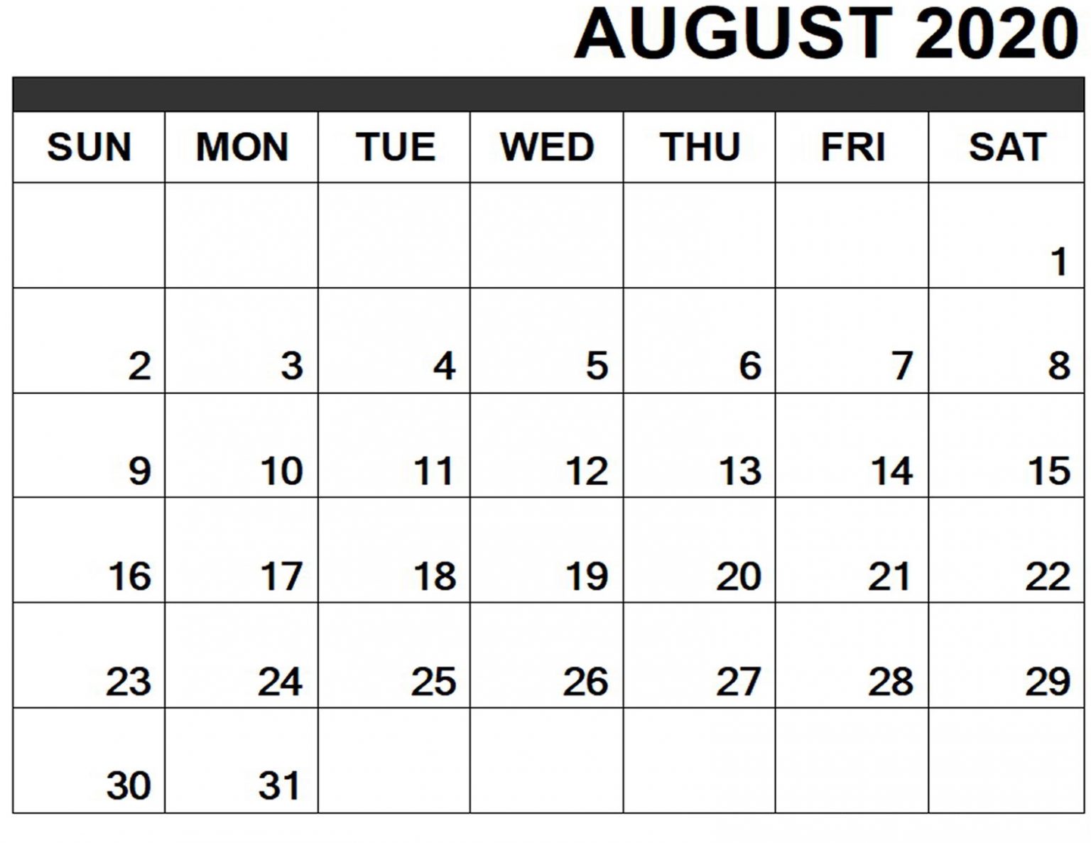 Free Blank August 2020 Calendar Printable in PDF, Word & Excel