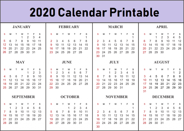 2020 Yearly Calendar Free Printable