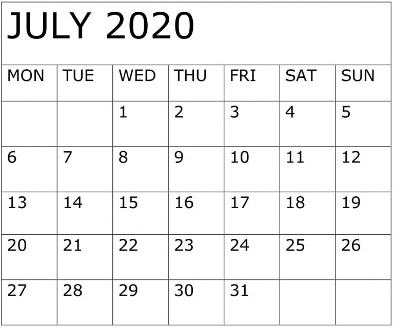 Free Blank July 2020 Calendar Printable in PDF, Word & Excel