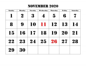 2020 November Calendar Printable