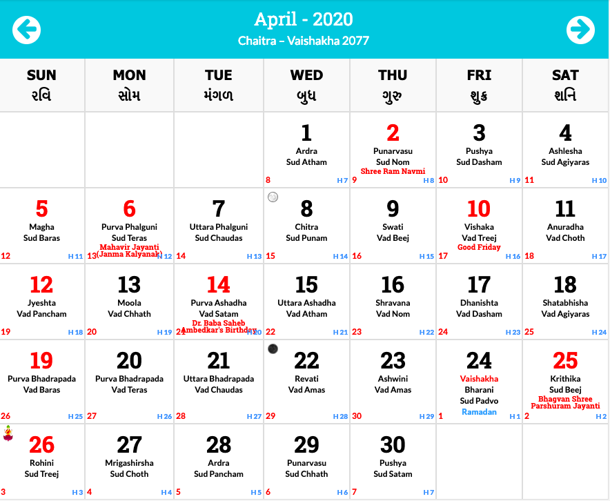 Hindu Calendar 2020