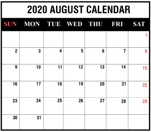 August 2020 Calendar for Students