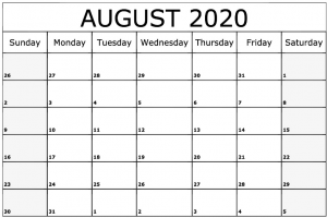 August Calendar 2020 Template