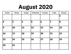 August Calendar 2020 Word