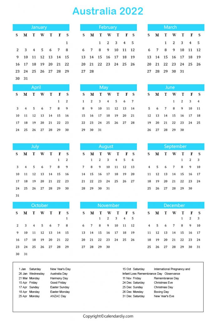 Australia 2022 Calendar With Holidays