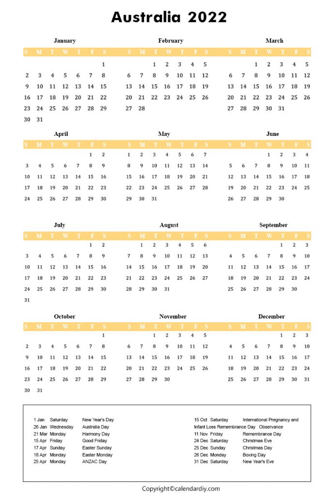 Calendar 2022 Australia