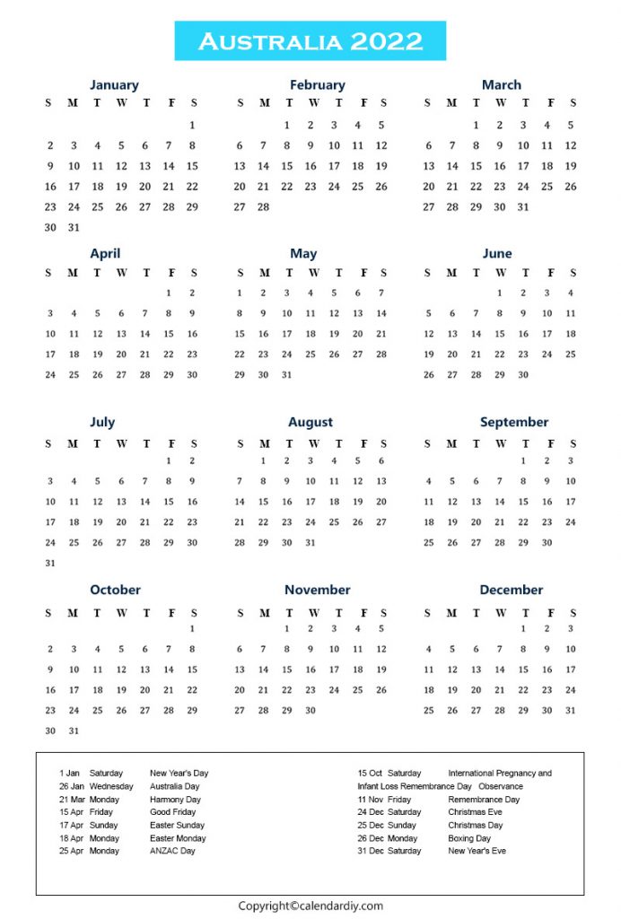Australia 2022 Printable Calendar