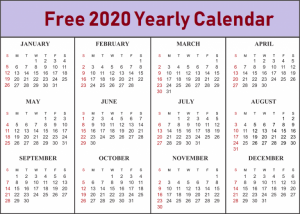 Free 2020 Yearly Calendar