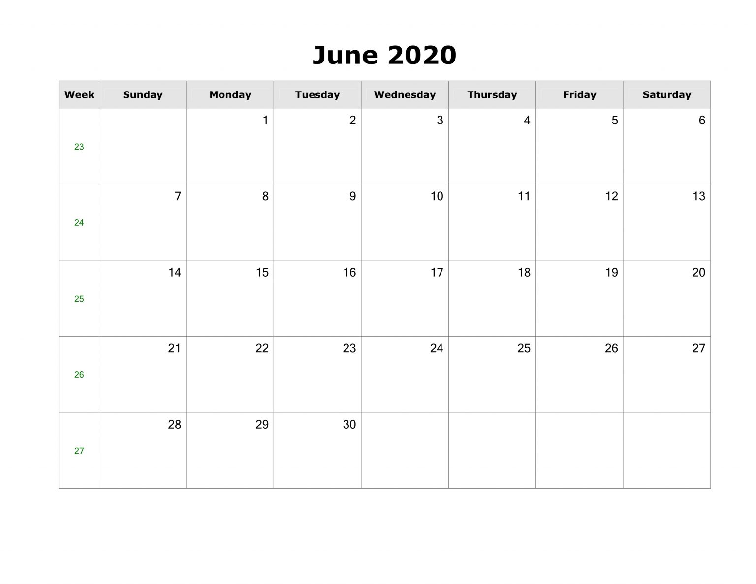 Free Blank June 2020 Calendar Printable in PDF, Word, & Excel