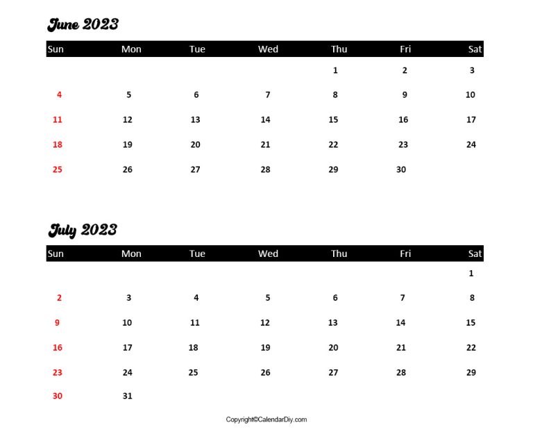 Free June July Calendar 2023 Printable Templates