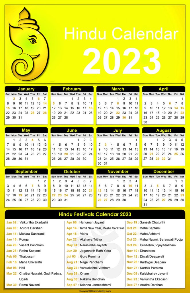 Tithi Calendar with Hindu Panchang 2023