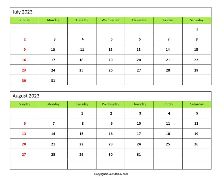 July August Calendar 2023 Printable Templates [PDF]