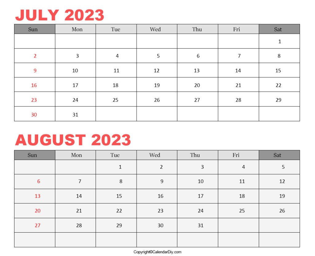 Printable July August 2023 Calendar Template