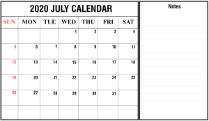 July Calendar 2020 Word