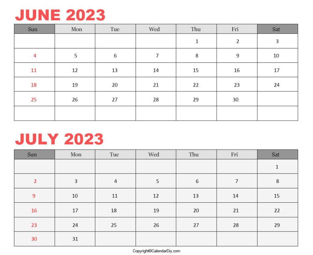Free June July Calendar 2023