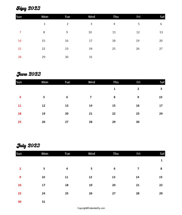 May June July Calendar 2023 Template in Pdf