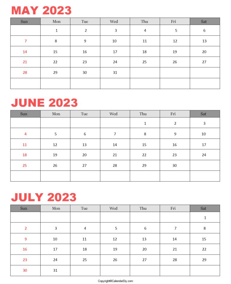 May June July Calendar 2023 Template in Pdf