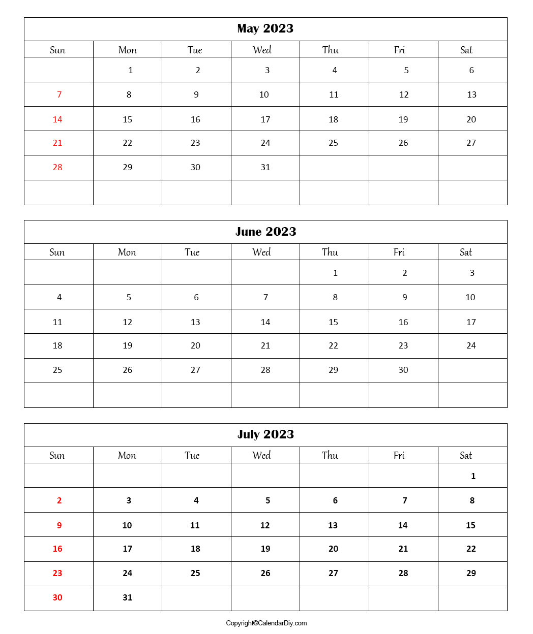 May June July Calendar 2023 Template In Pdf