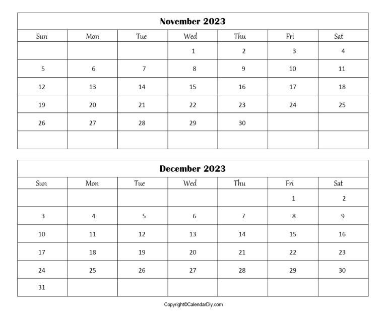 November December Calendar 2023 Printable Templates {PDF}