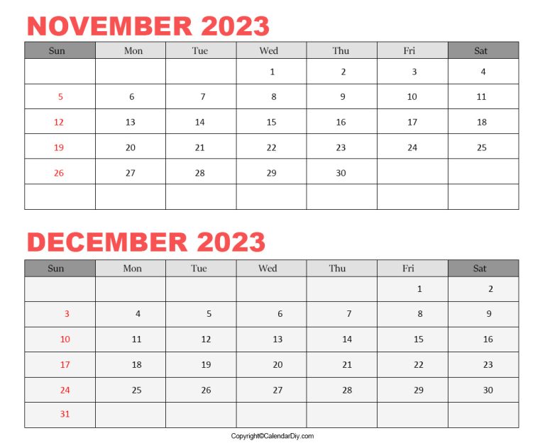 November December Calendar 2023 Printable Templates {PDF}