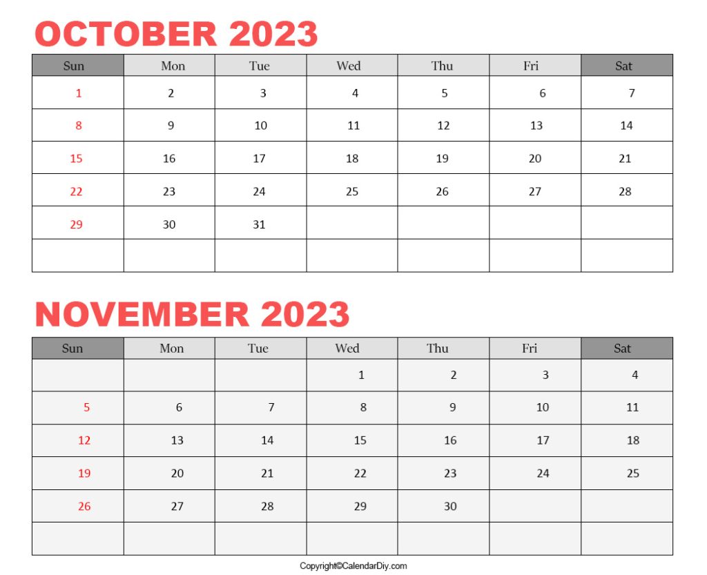 October November 2023 Blank Calendar