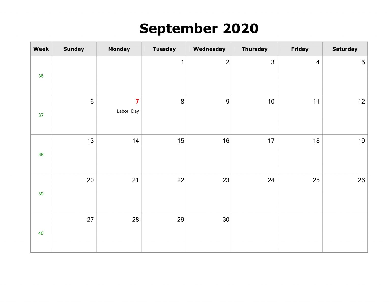 Free Blank September 2020 Calendar Printable in PDF, Word, Excel