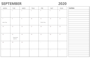 September 2020 Calendar with Notes