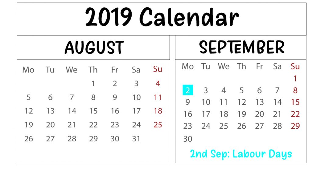 Free August September 2019 Calendar