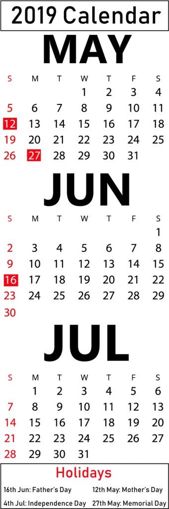 Free May June July Calendar