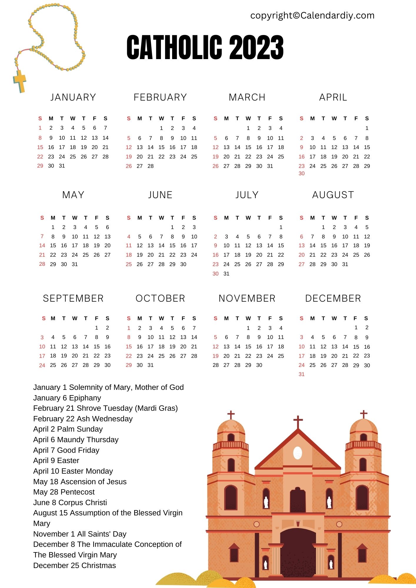 Printable Catholic Holidays Calendar 2023