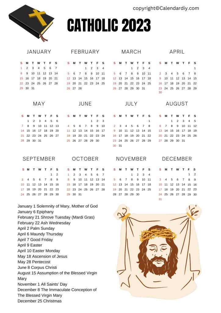 Printable Catholic Calendar 2023 Template with Holidays