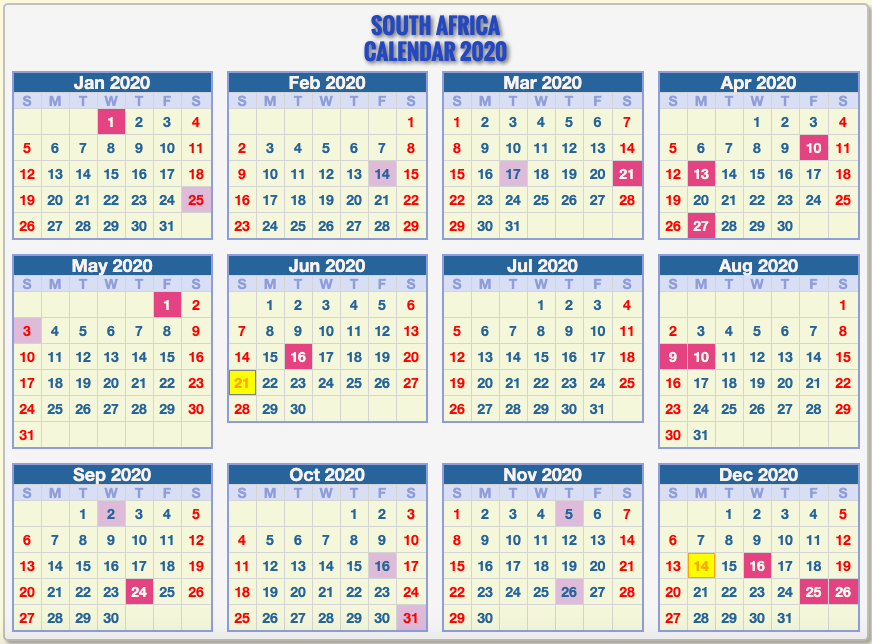 South African Calendar 2020