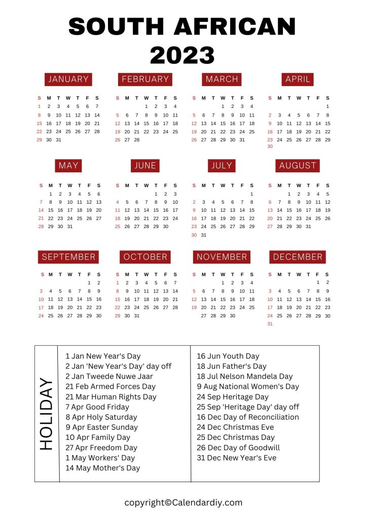 South African Printable Calendar 2023